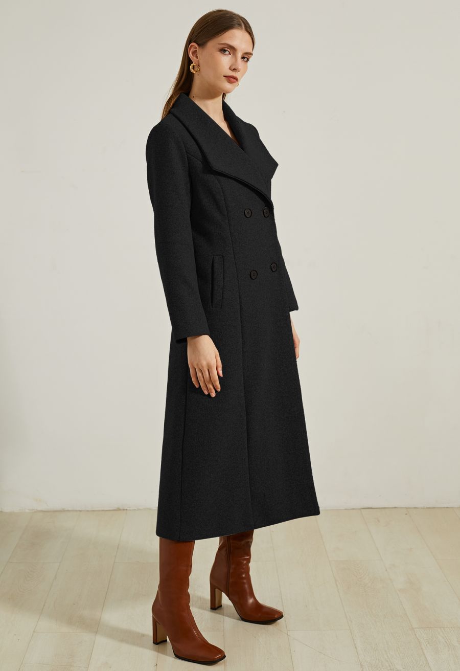 Wide Lapel Double-Breasted Flare Longline Coat in Black
