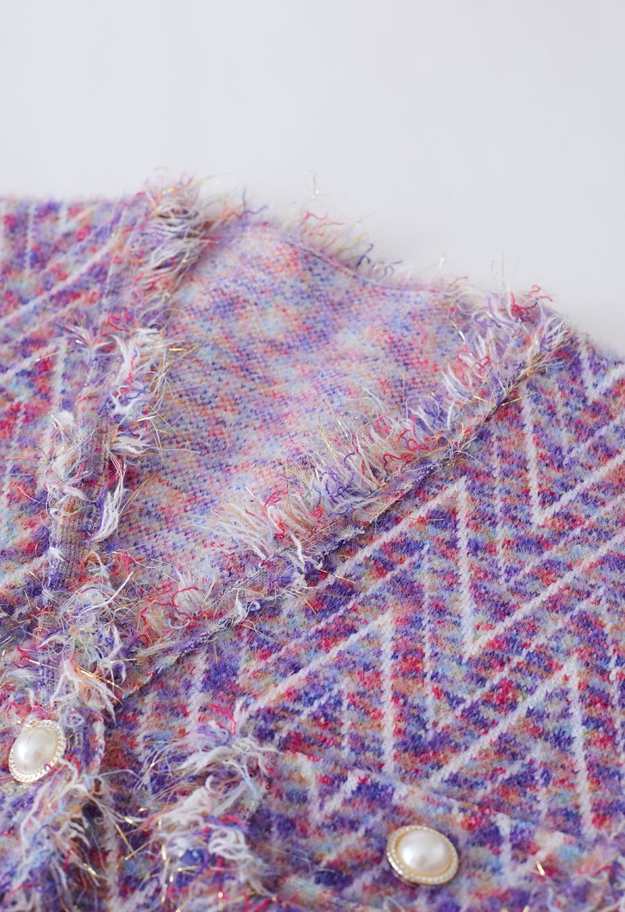 Metallic Tassel Melange Knit Cardigan in Purple