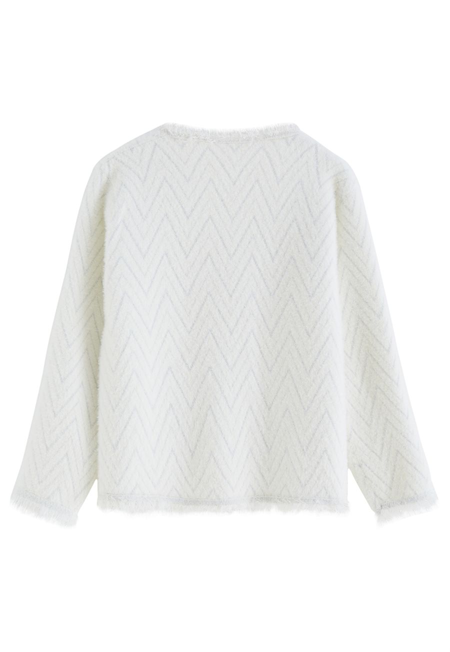 Metallic Tassel Melange Knit Cardigan in Ivory