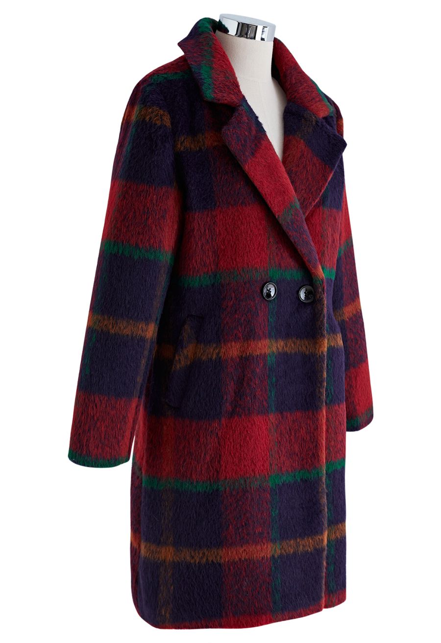 Festive Tartan Fuzzy Wool-Blend Blazer Coat