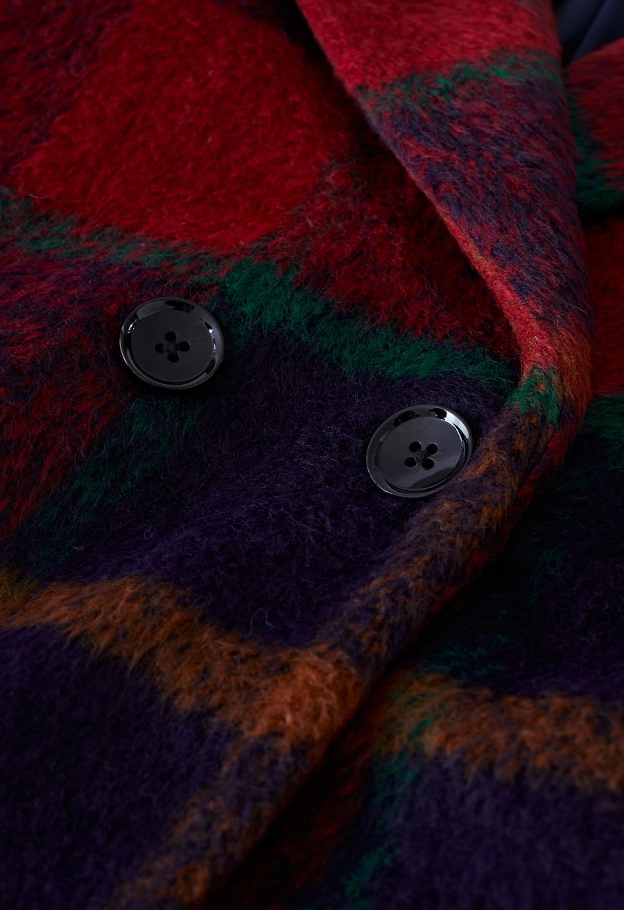 Festive Tartan Fuzzy Wool-Blend Blazer Coat