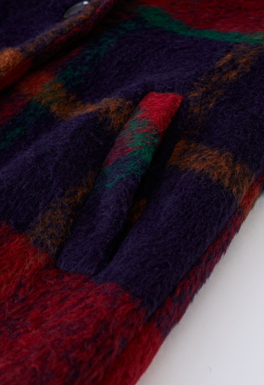 Festive Tartan Fuzzy Wool-Blend Blazer Coat