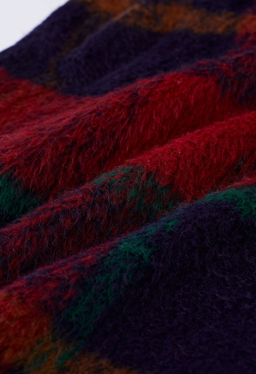 Festive Tartan Fuzzy Wool-Blend Blazer Coat