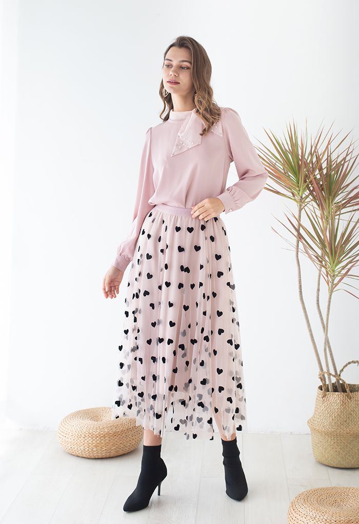3D Heart Double-Layered Mesh Maxi Skirt in Blush Pink