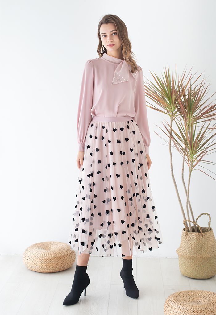 3D Heart Double-Layered Mesh Maxi Skirt in Blush Pink