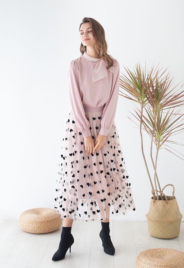3D Heart Double-Layered Mesh Maxi Skirt in Blush Pink