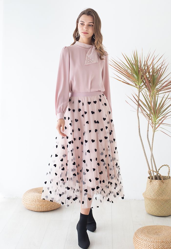 3D Heart Double-Layered Mesh Maxi Skirt in Blush Pink