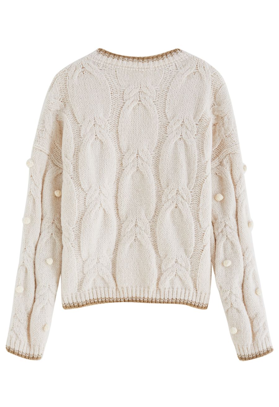 Contrast Edge Pom-Pom Cable Knit Sweater in Ivory