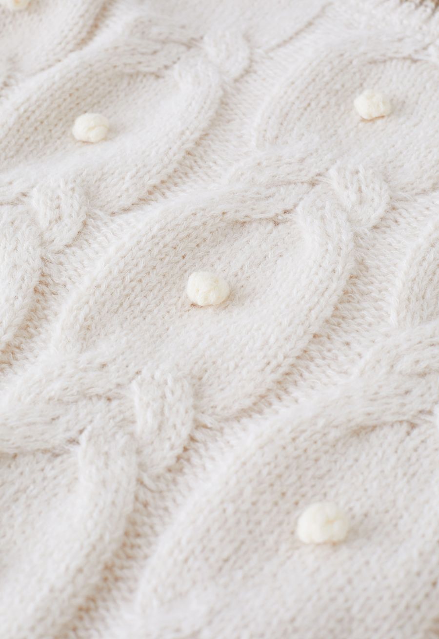Contrast Edge Pom-Pom Cable Knit Sweater in Ivory