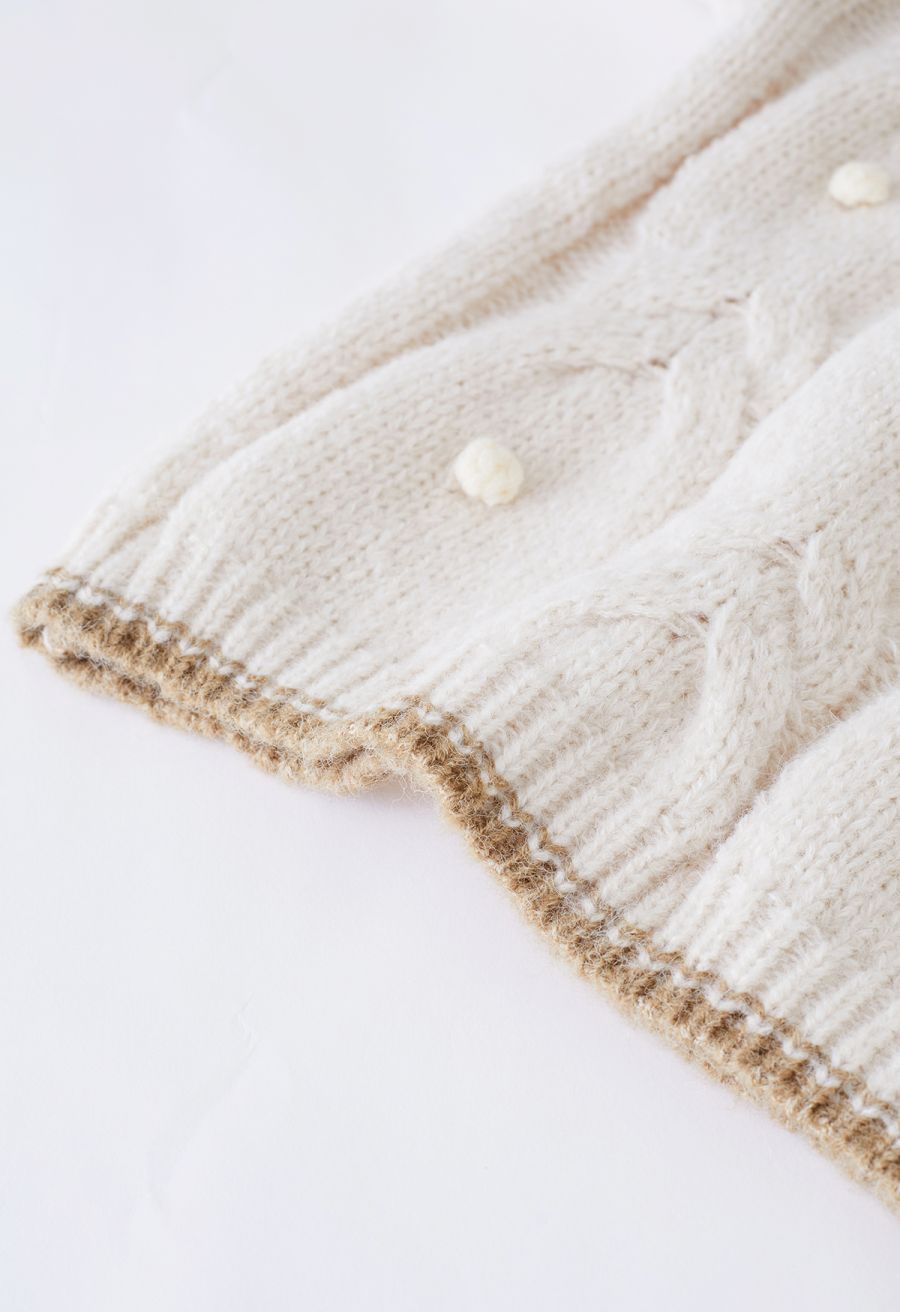 Contrast Edge Pom-Pom Cable Knit Sweater in Ivory