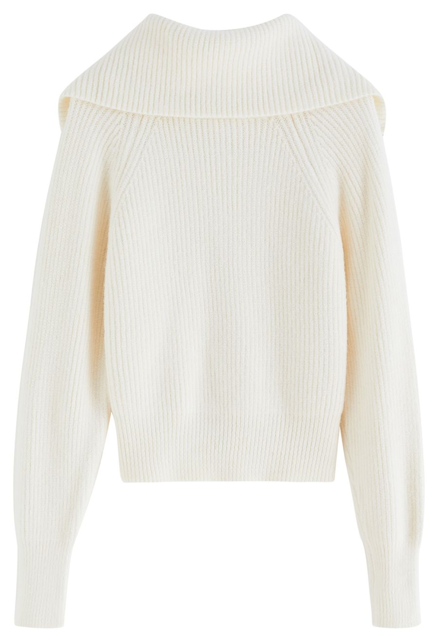 Flap Collar Zipper Ribbed Knit Cardigan in Cream