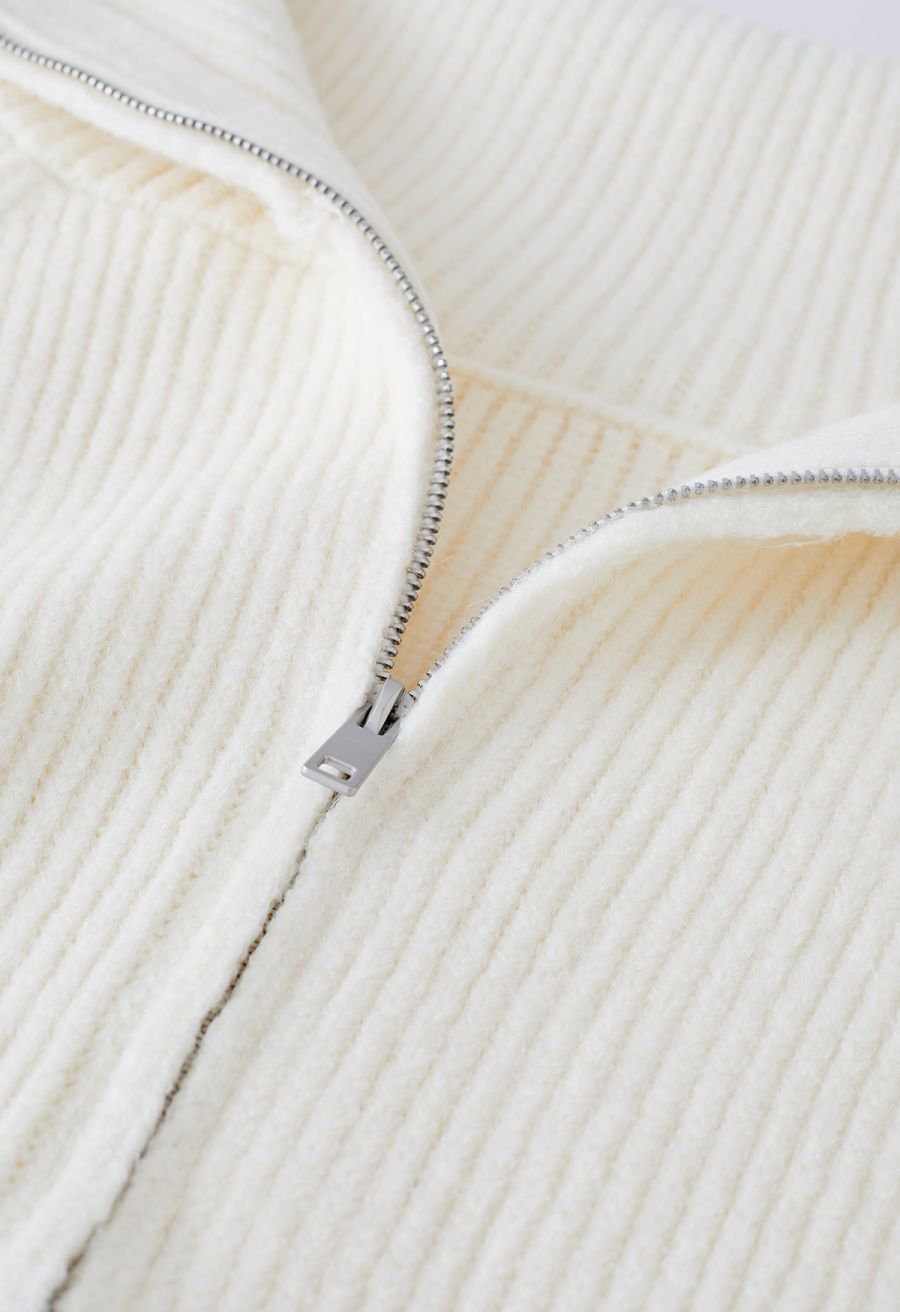 Flap Collar Zipper Ribbed Knit Cardigan in Cream