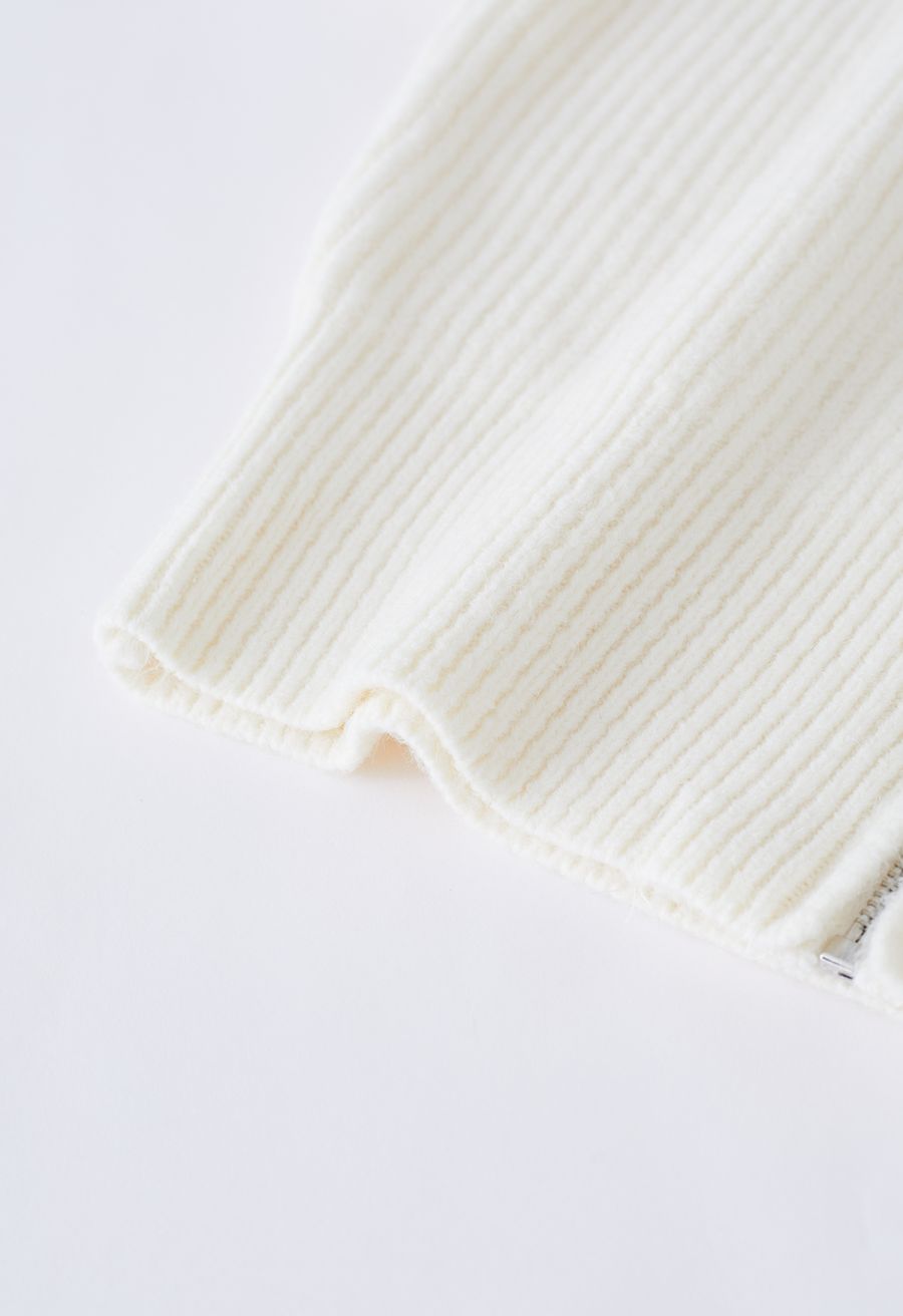 Flap Collar Zipper Ribbed Knit Cardigan in Cream