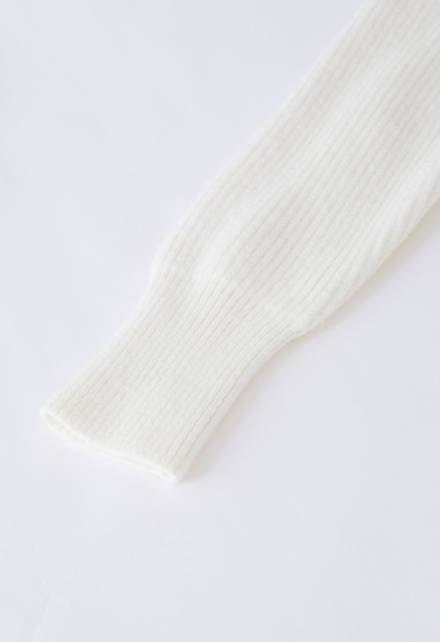 Flap Collar Zipper Ribbed Knit Cardigan in Cream