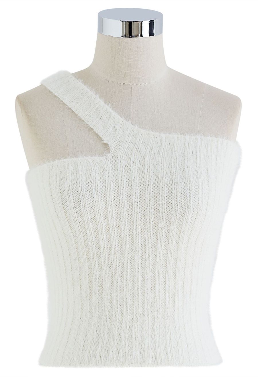 One-Shoulder Fuzzy Knit Top and Cardigan Set in Ivory