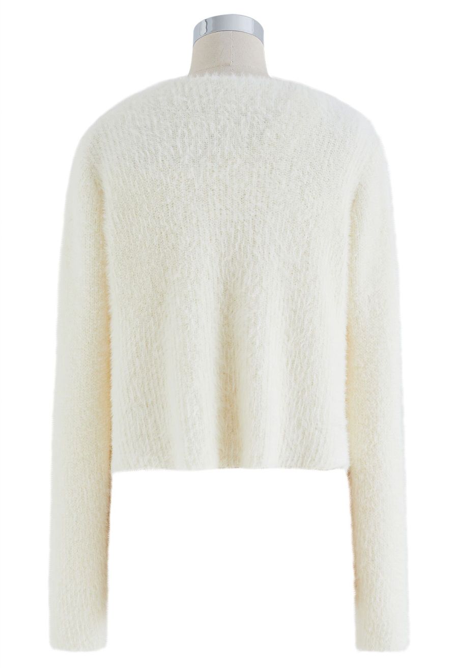 One-Shoulder Fuzzy Knit Top and Cardigan Set in Ivory