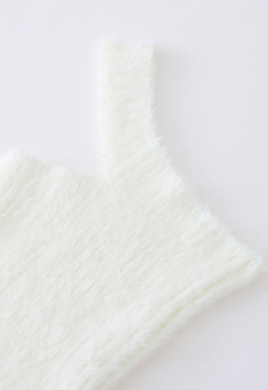 One-Shoulder Fuzzy Knit Top and Cardigan Set in Ivory
