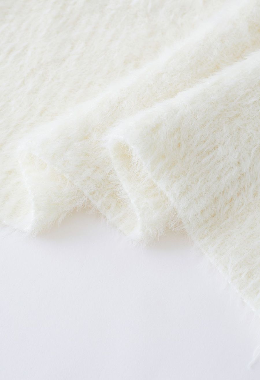 One-Shoulder Fuzzy Knit Top and Cardigan Set in Ivory