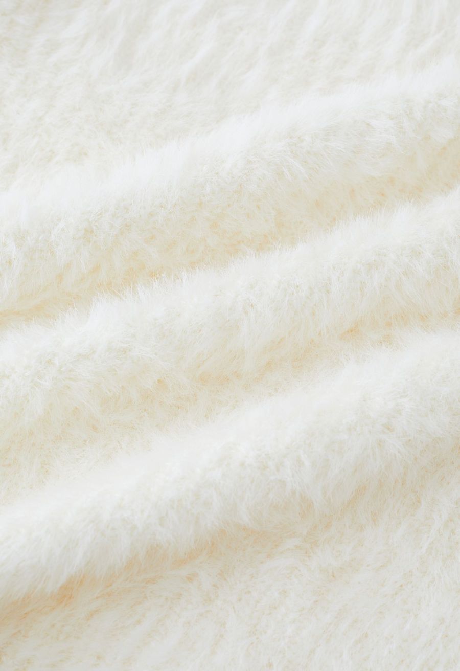 One-Shoulder Fuzzy Knit Top and Cardigan Set in Ivory