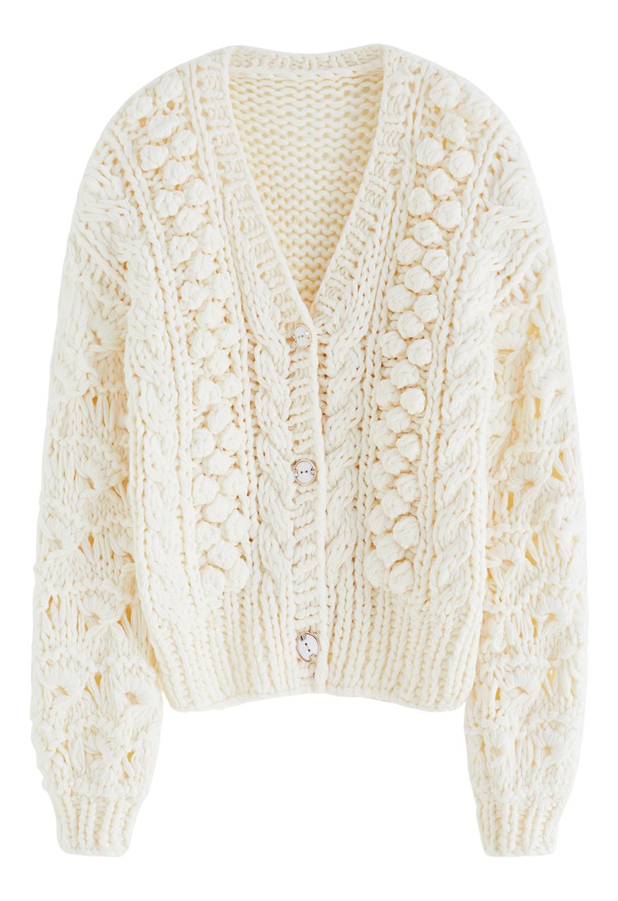 Button Up Pointelle Sleeve Pom-Pom Knit Cardigan in Ivory