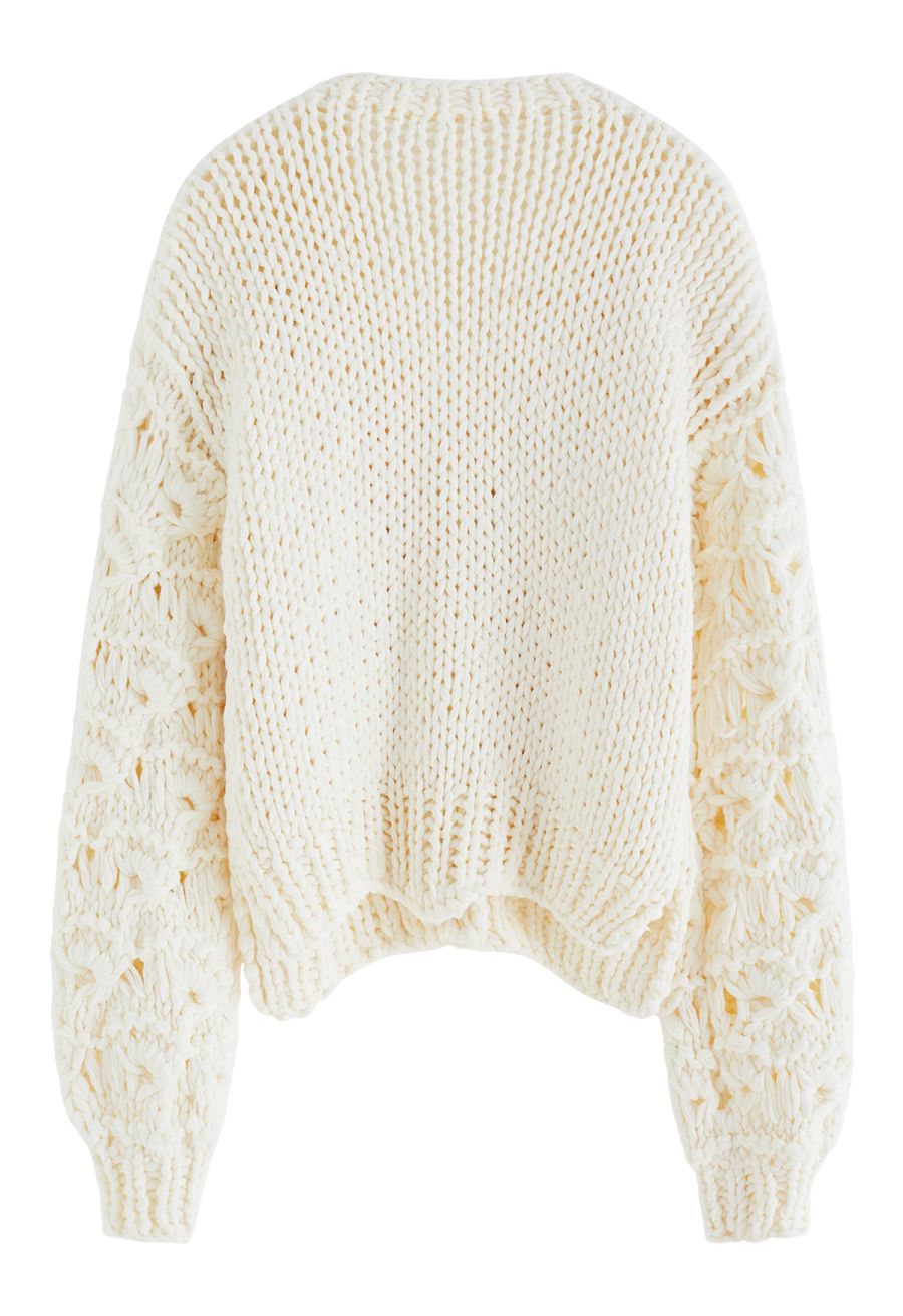 Button Up Pointelle Sleeve Pom-Pom Knit Cardigan in Ivory