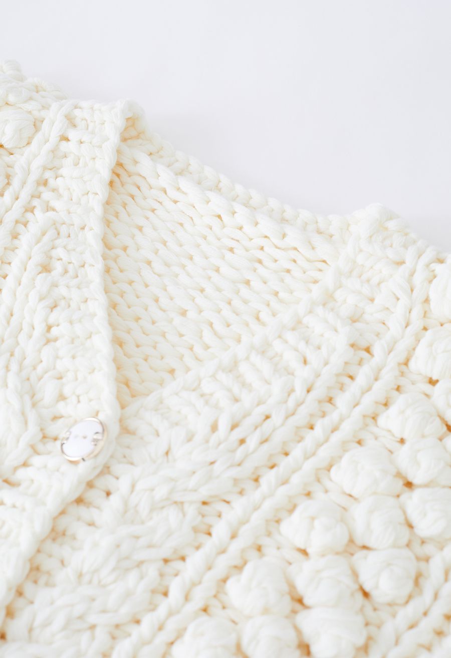 Button Up Pointelle Sleeve Pom-Pom Knit Cardigan in Ivory