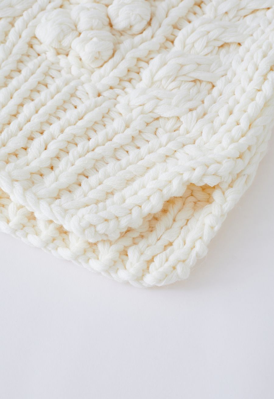 Button Up Pointelle Sleeve Pom-Pom Knit Cardigan in Ivory