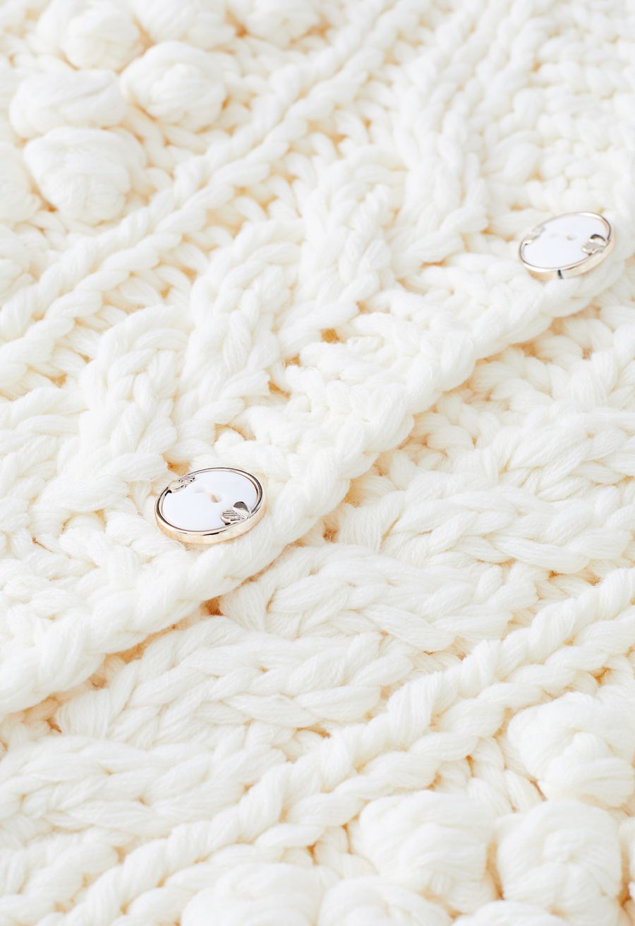 Button Up Pointelle Sleeve Pom-Pom Knit Cardigan in Ivory
