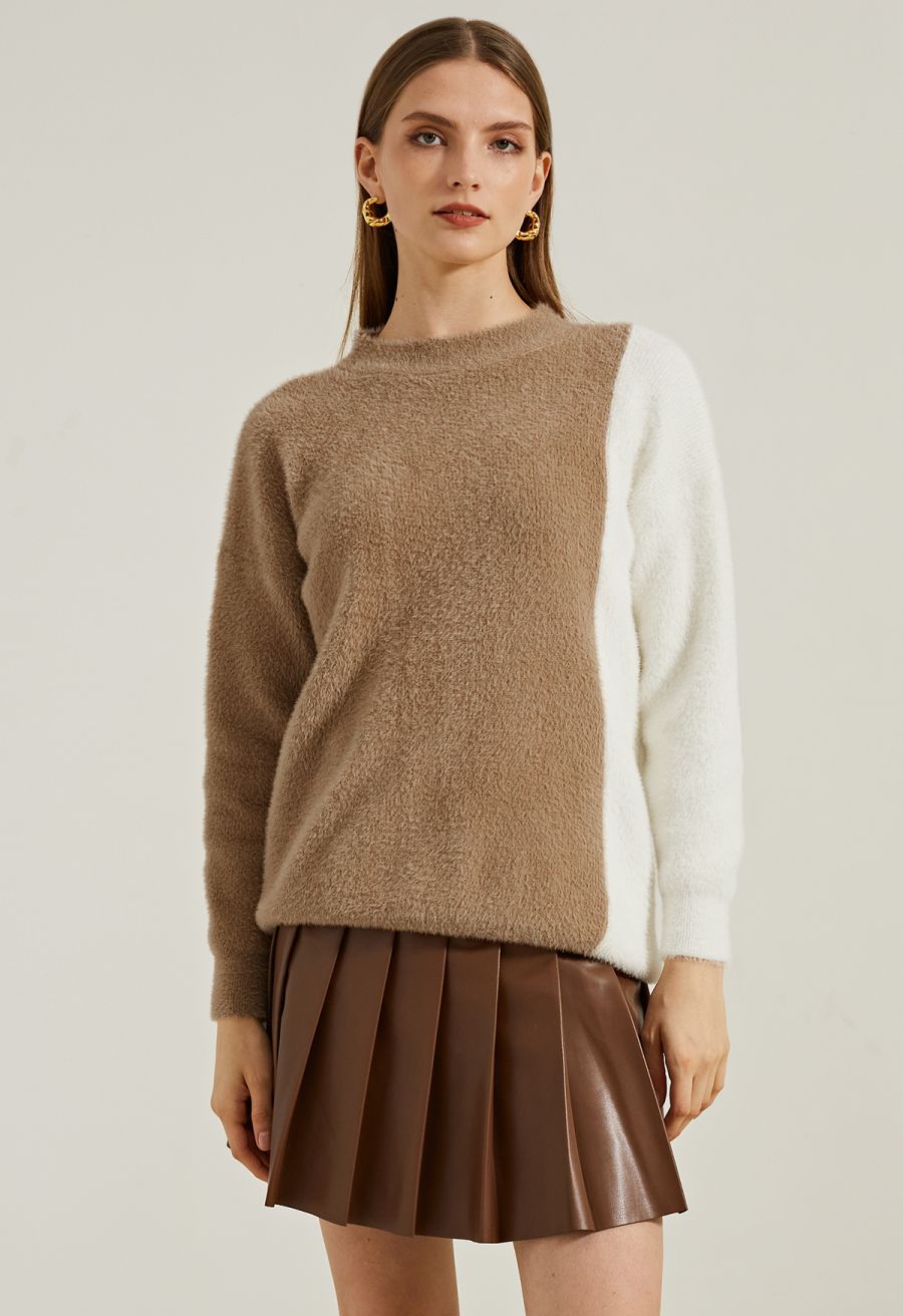 Faux Leather Pleated Flare Mini Skirt in Brown