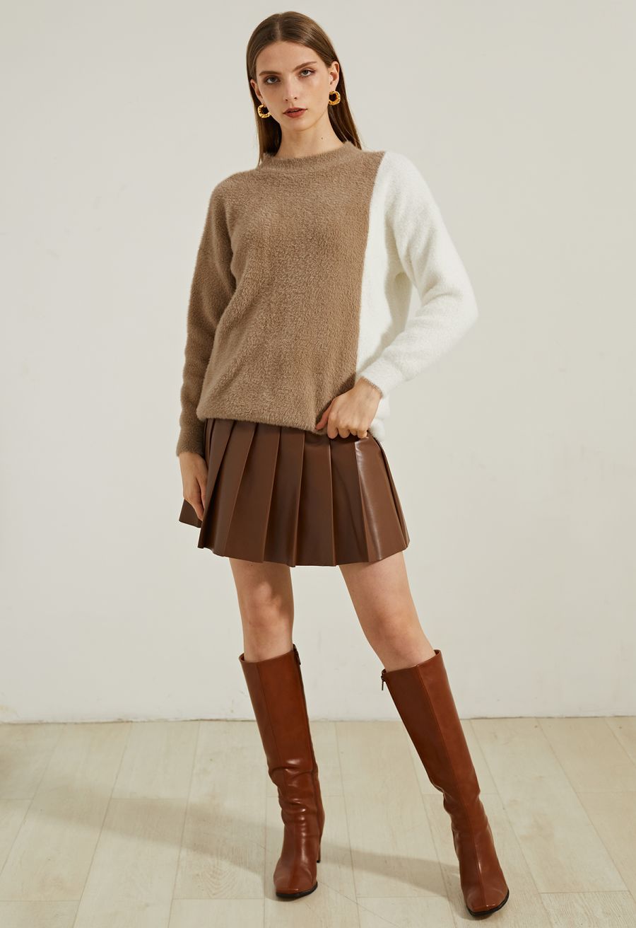 Faux Leather Pleated Flare Mini Skirt in Brown