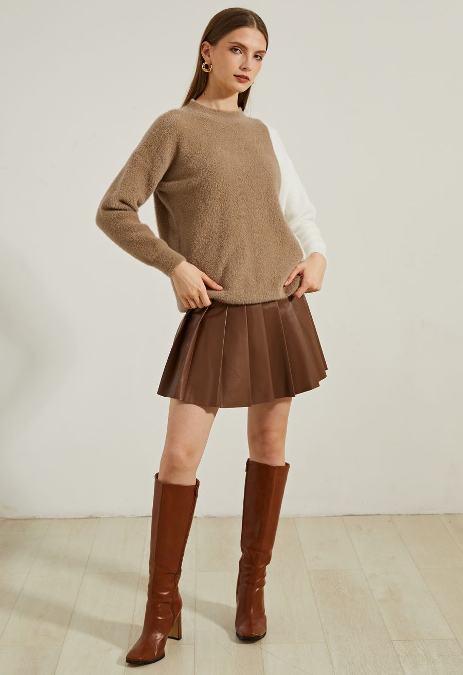 Faux Leather Pleated Flare Mini Skirt in Brown