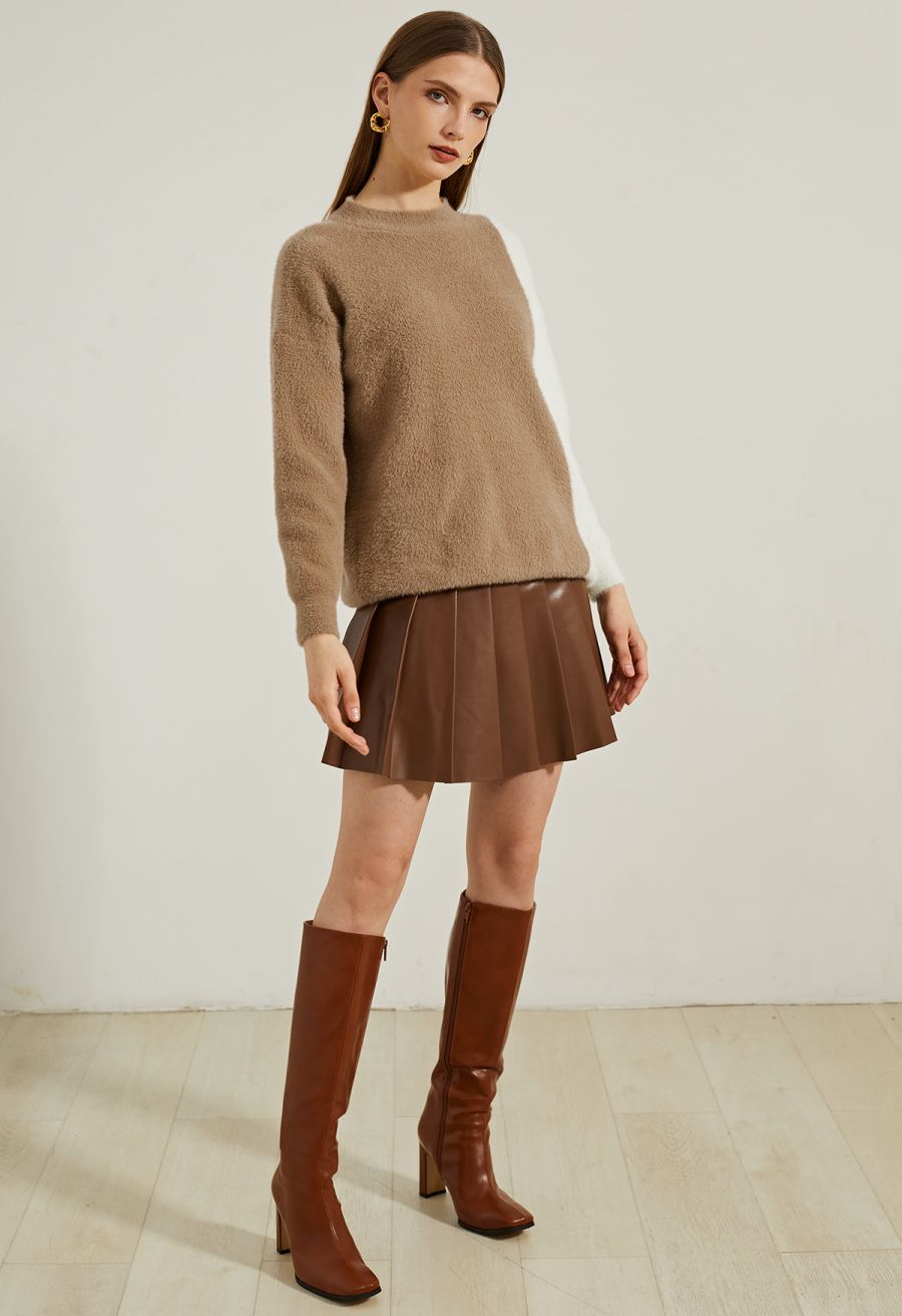 Faux Leather Pleated Flare Mini Skirt in Brown