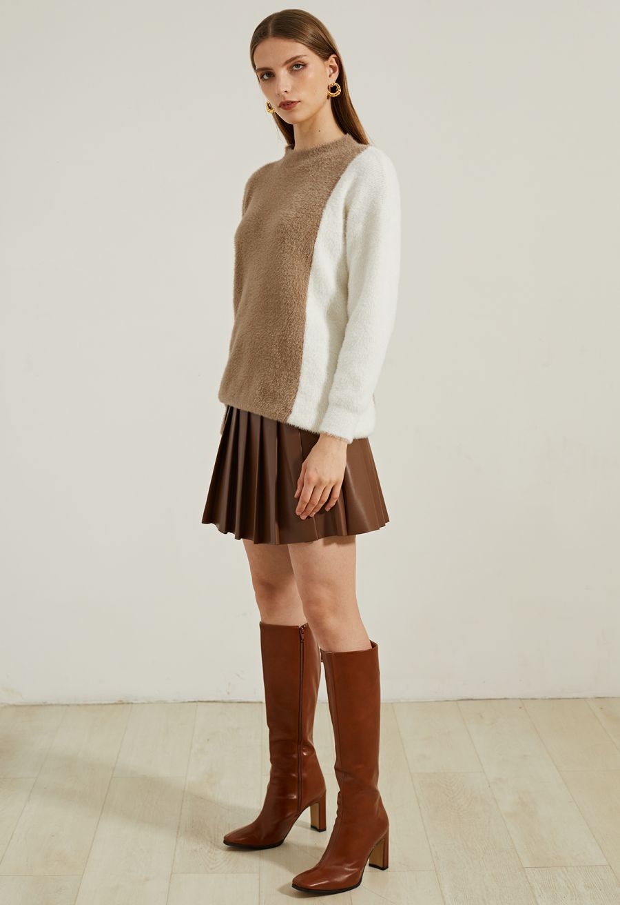 Faux Leather Pleated Flare Mini Skirt in Brown