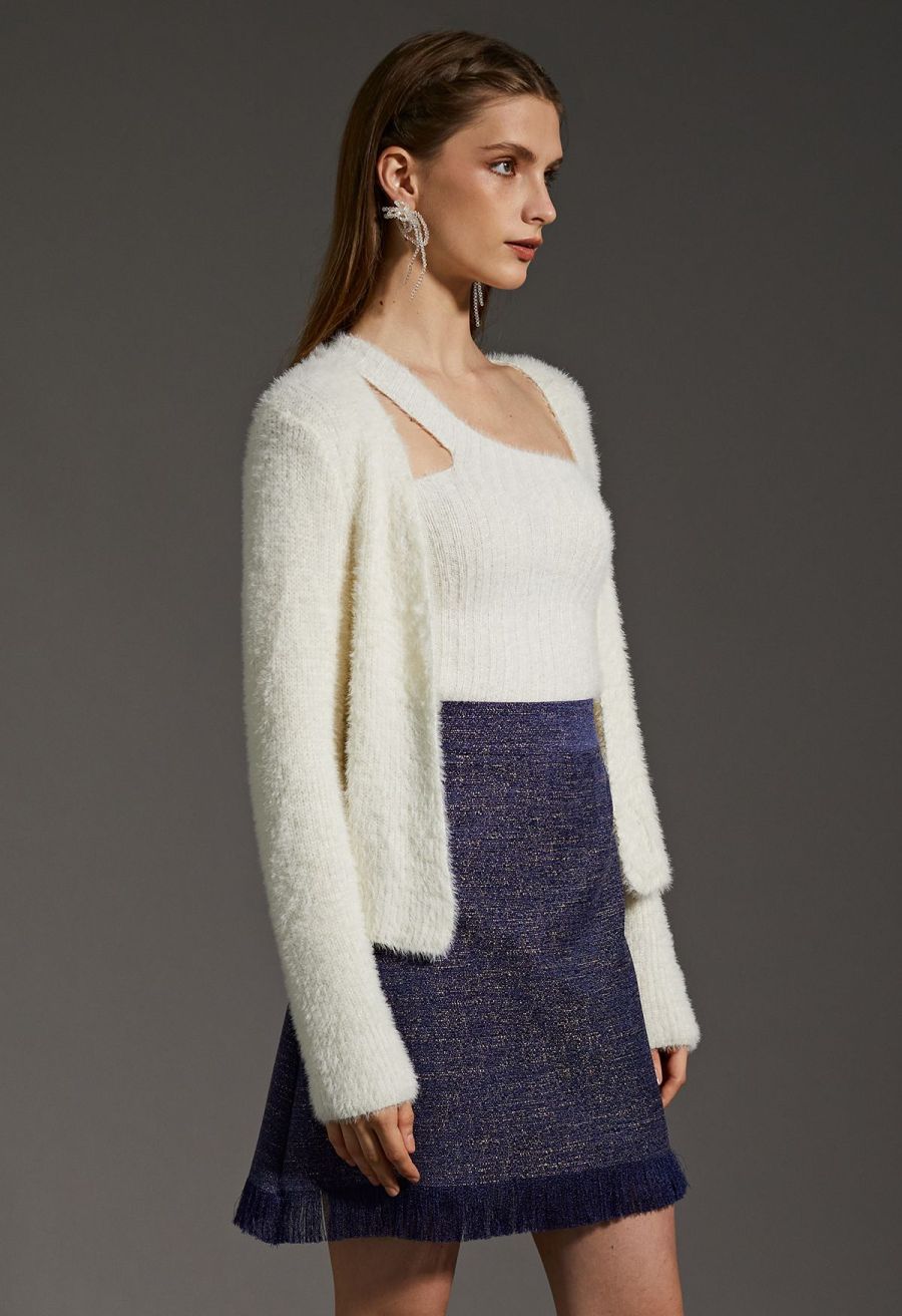 One-Shoulder Fuzzy Knit Top and Cardigan Set in Ivory