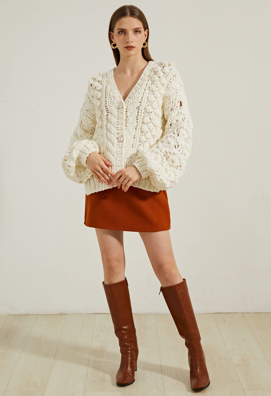 Button Up Pointelle Sleeve Pom-Pom Knit Cardigan in Ivory