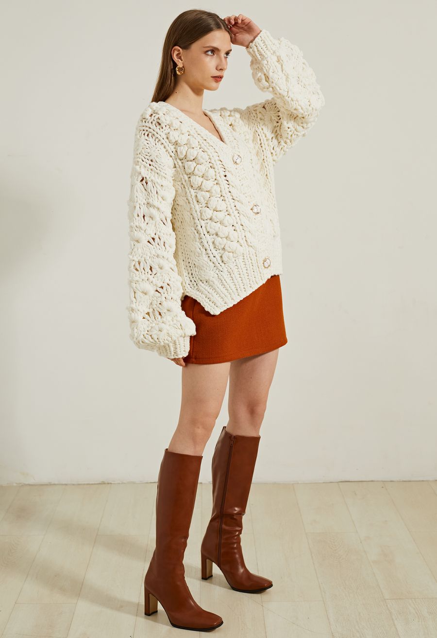 Button Up Pointelle Sleeve Pom-Pom Knit Cardigan in Ivory