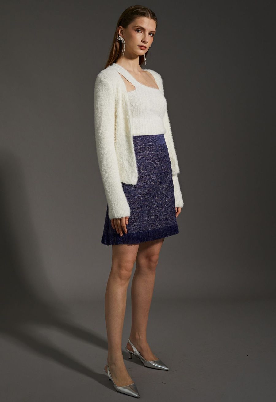 One-Shoulder Fuzzy Knit Top and Cardigan Set in Ivory