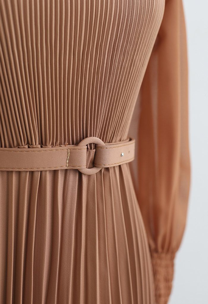 Full Pleated Belted Maxi Dress in Tan Halloween Costumes