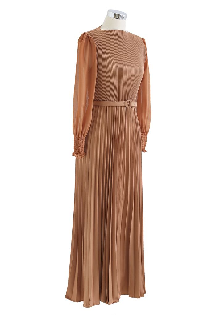 Full Pleated Belted Maxi Dress in Tan Halloween Costumes