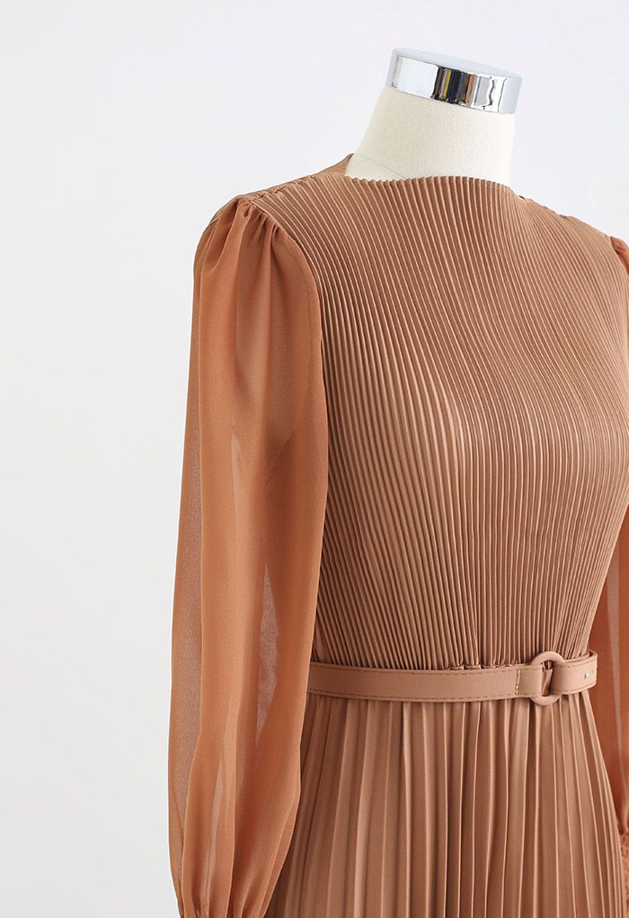 Full Pleated Belted Maxi Dress in Tan Halloween Costumes