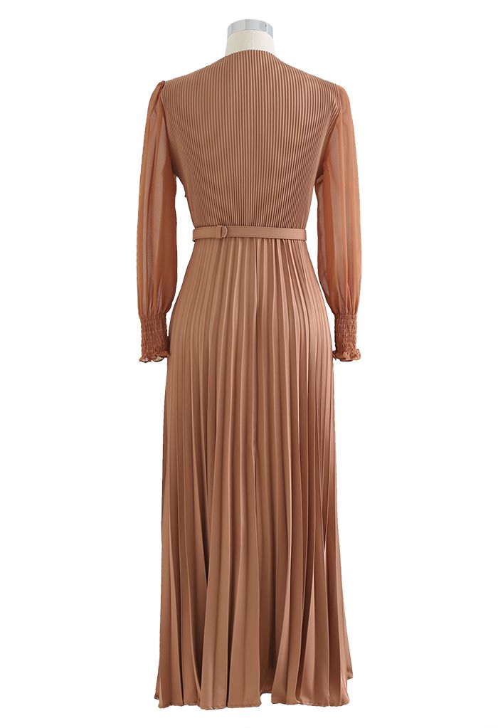 Full Pleated Belted Maxi Dress in Tan Halloween Costumes