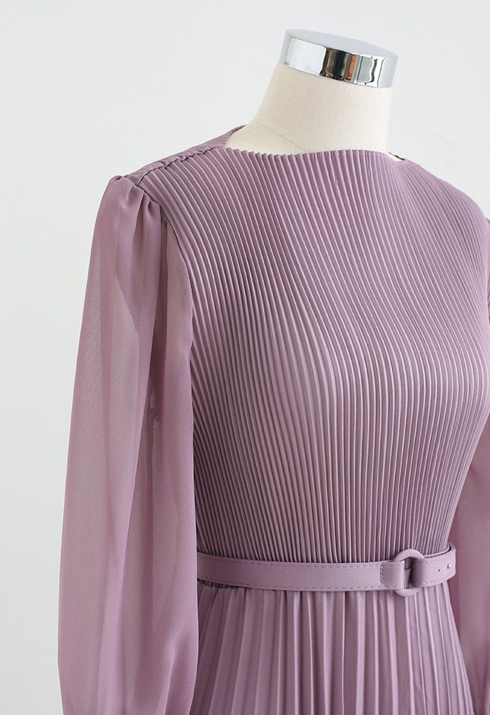 Full Pleated Belted Maxi Dress in Lilac