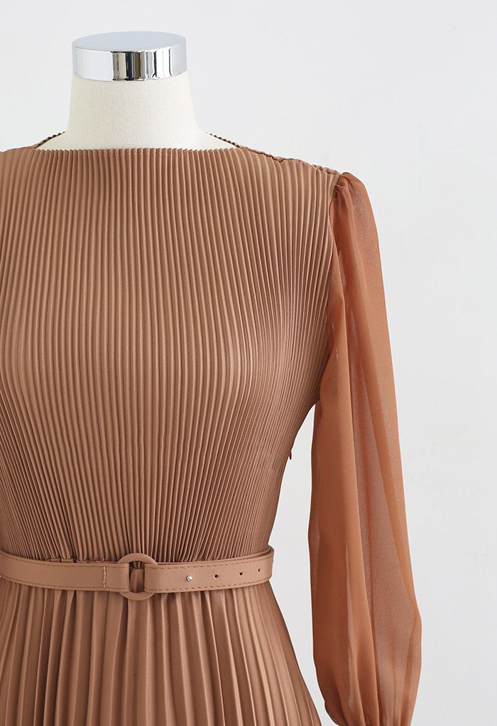 Full Pleated Belted Maxi Dress in Tan Halloween Costumes