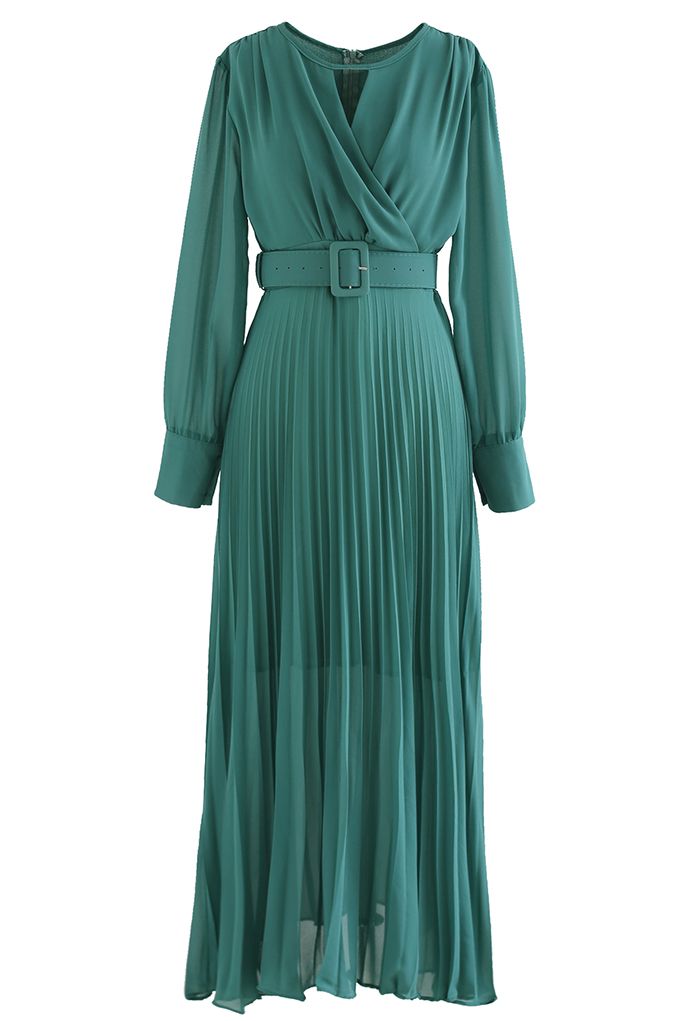 Flowy Chiffon Wrap Pleated Maxi Dress in Green