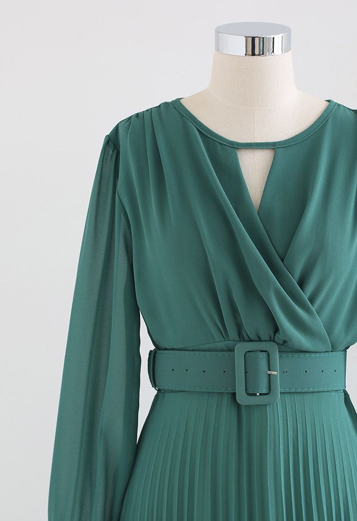 Flowy Chiffon Wrap Pleated Maxi Dress in Green