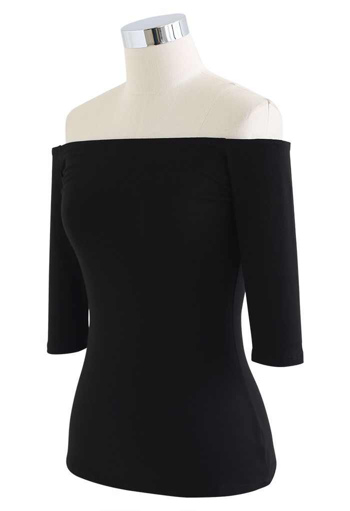 Off-Shoulder Elbow-Sleeve Fitted Top
