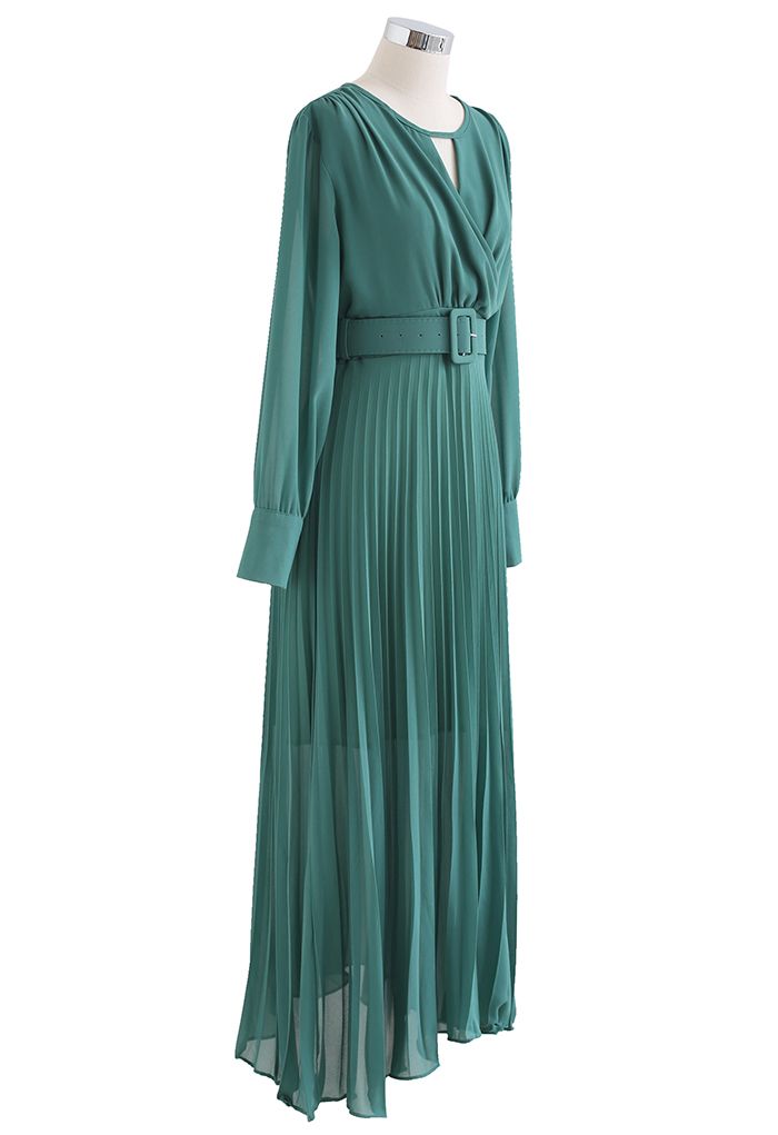 Flowy Chiffon Wrap Pleated Maxi Dress in Green