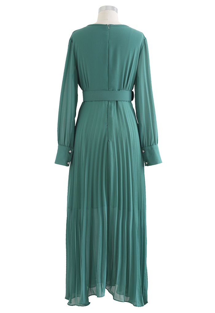 Flowy Chiffon Wrap Pleated Maxi Dress in Green