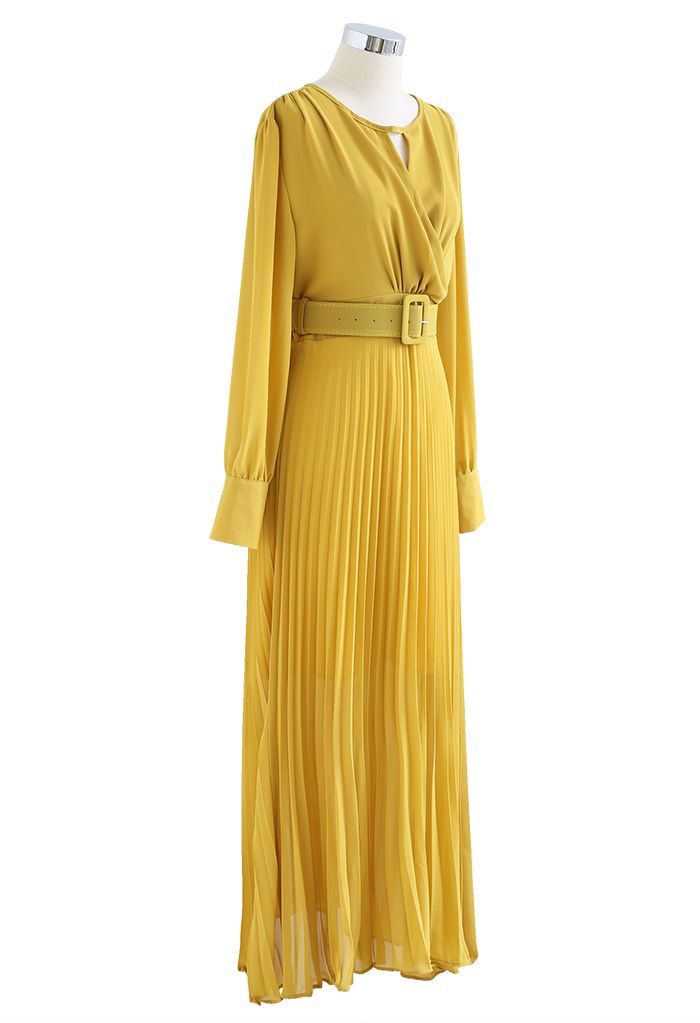 Flowy Chiffon Wrap Pleated Maxi Dress in Yellow