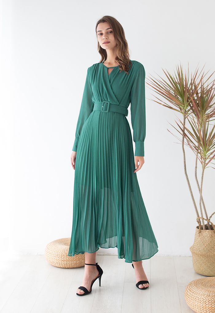 Flowy Chiffon Wrap Pleated Maxi Dress in Green